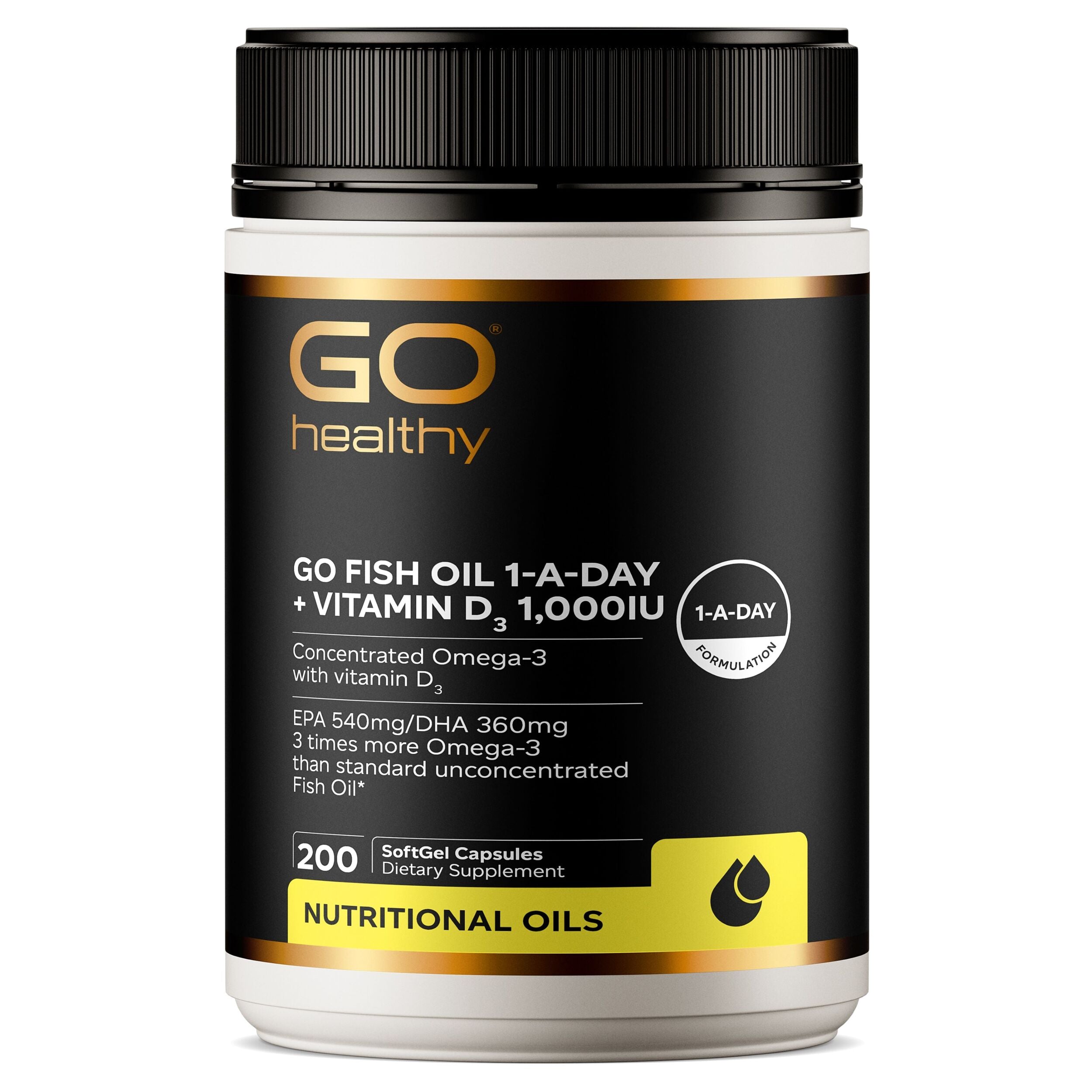 Fish Oil 1 a day + Vitamin D3 (Go Healthy NZ) GO4572GOHealthyGOFishOil1 Day VitaminD31000IU200Caps9421025561979 product image