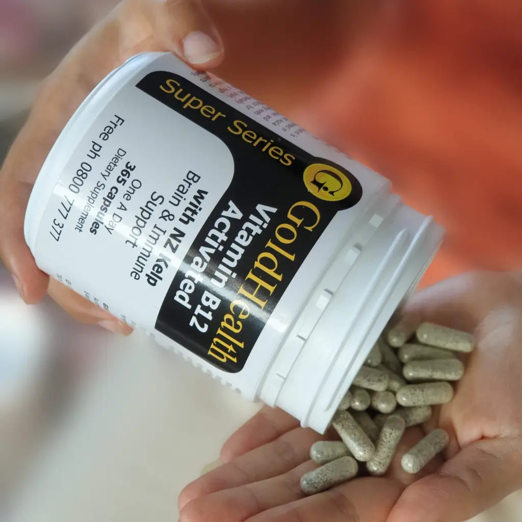 Activated Vitamin B12 with NZ Kelp capsules and product packaging