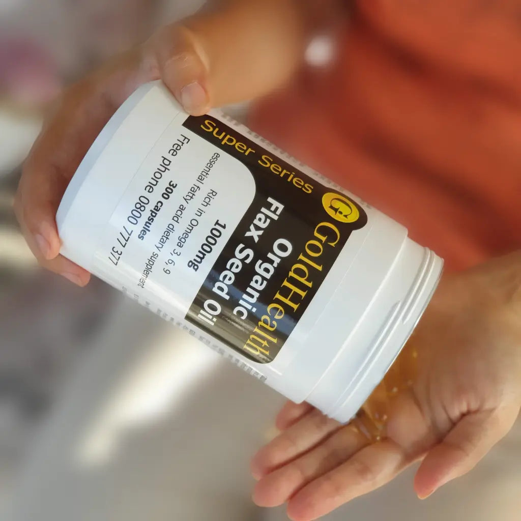 Flax Seed Oil Organic capsules and product packaging