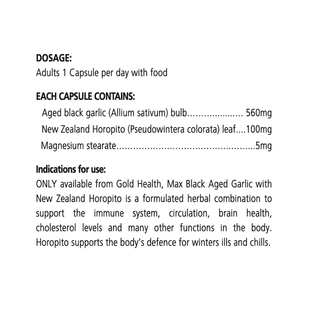 MAX Aged Black Garlic with NZ Horopito label and ingredient information