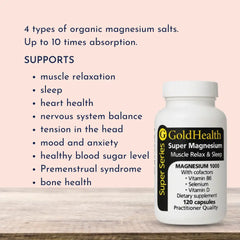 GoldHealth Super Magnesium supplement bottle with health benefits listed on a pink background