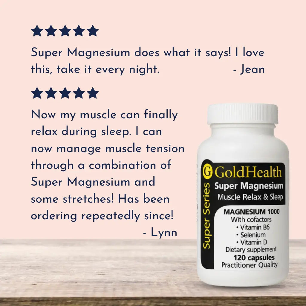 GoldHealth Super Magnesium supplement bottle with customer reviews on a pink background