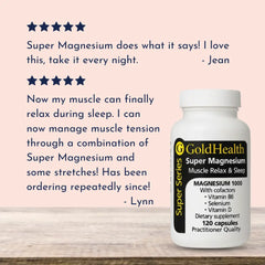 GoldHealth Super Magnesium supplement bottle with customer reviews on a pink background