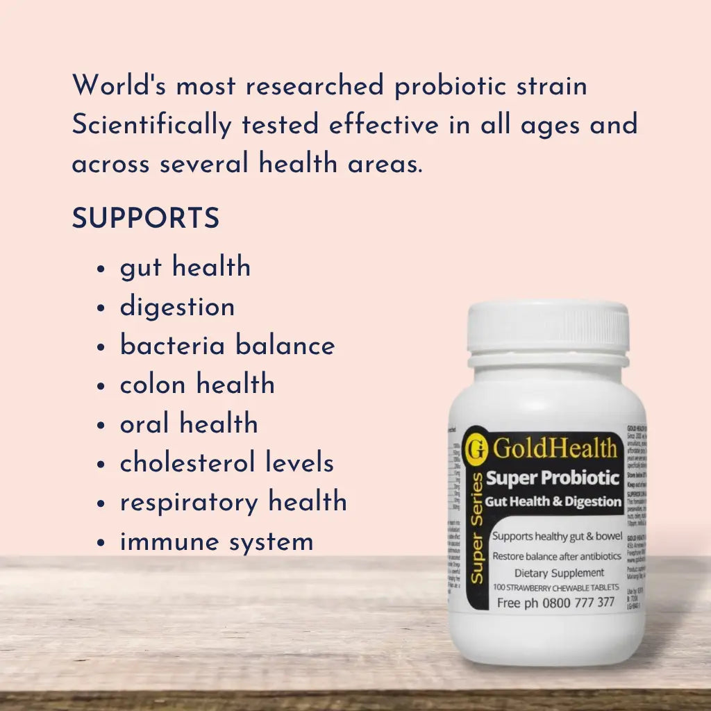 Super Probiotic Gut Health and Digestion Strawberry Chewable features and benefits overview