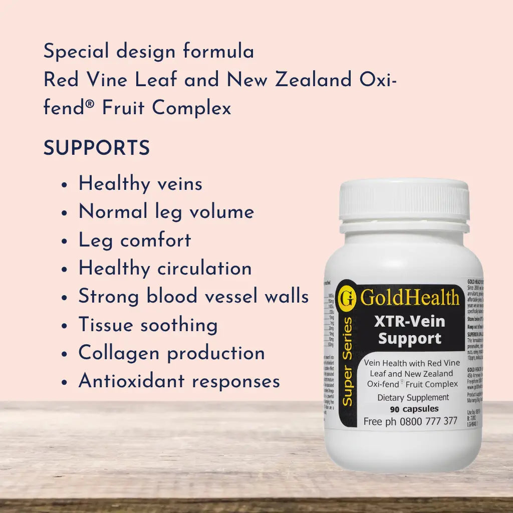 XTR-Vein Support with Red Vine Leaf and NZ Oxi-fend® Fruit Complex features and benefits overview