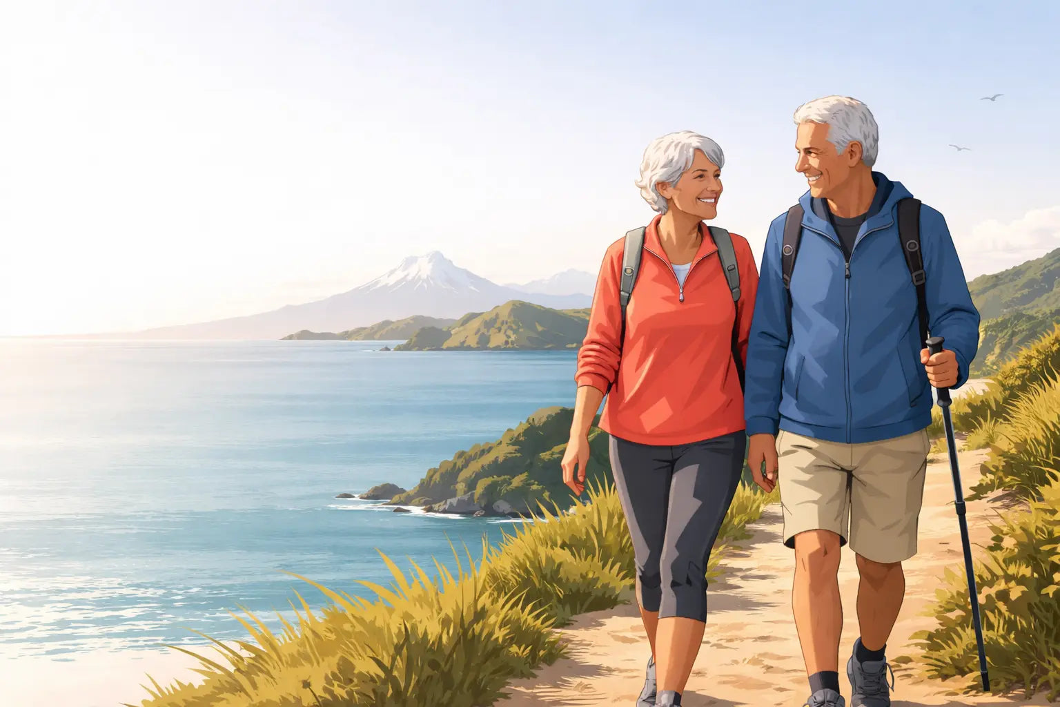 Active older adults walking on a coastal path with a stylised knee joint overlay representing joint support.