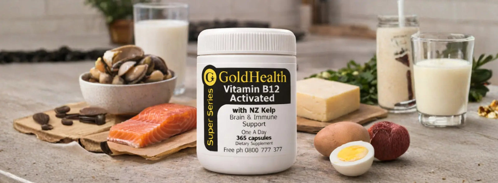 Flat lay of vitamin B12 supplement options with a comparison checklist for choosing the best vitamin B12 supplement in New Zealand