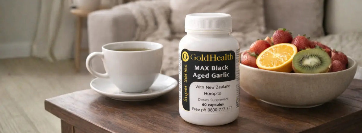 Black garlic capsules NZ shown in different supply quantities with aged black garlic and NZ horopito