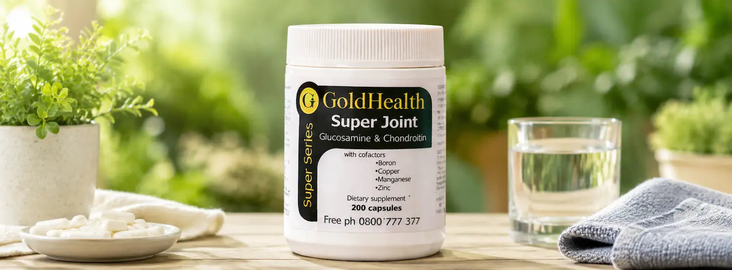 Two glucosamine and chondroitin supplement labels being compared with a five-check formula scorecard in New Zealand