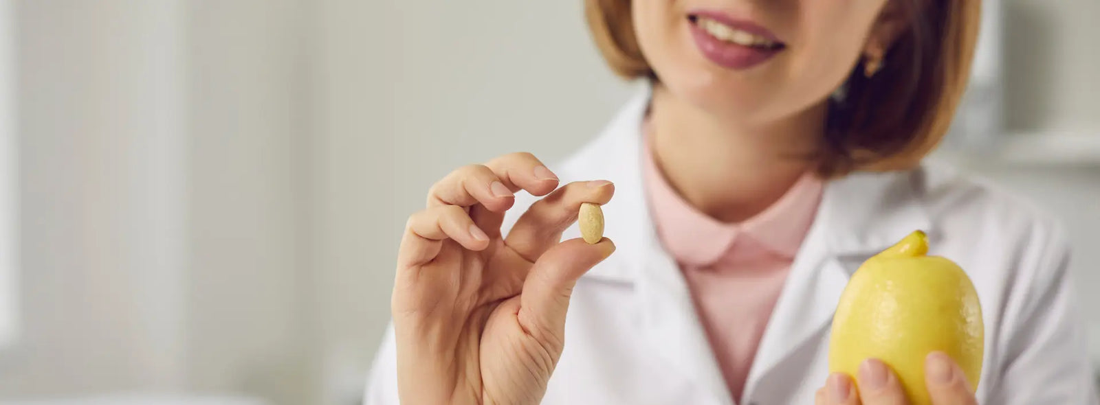 Chewable and swallow-tablet vitamin C formats beside breakfast and a glass of water