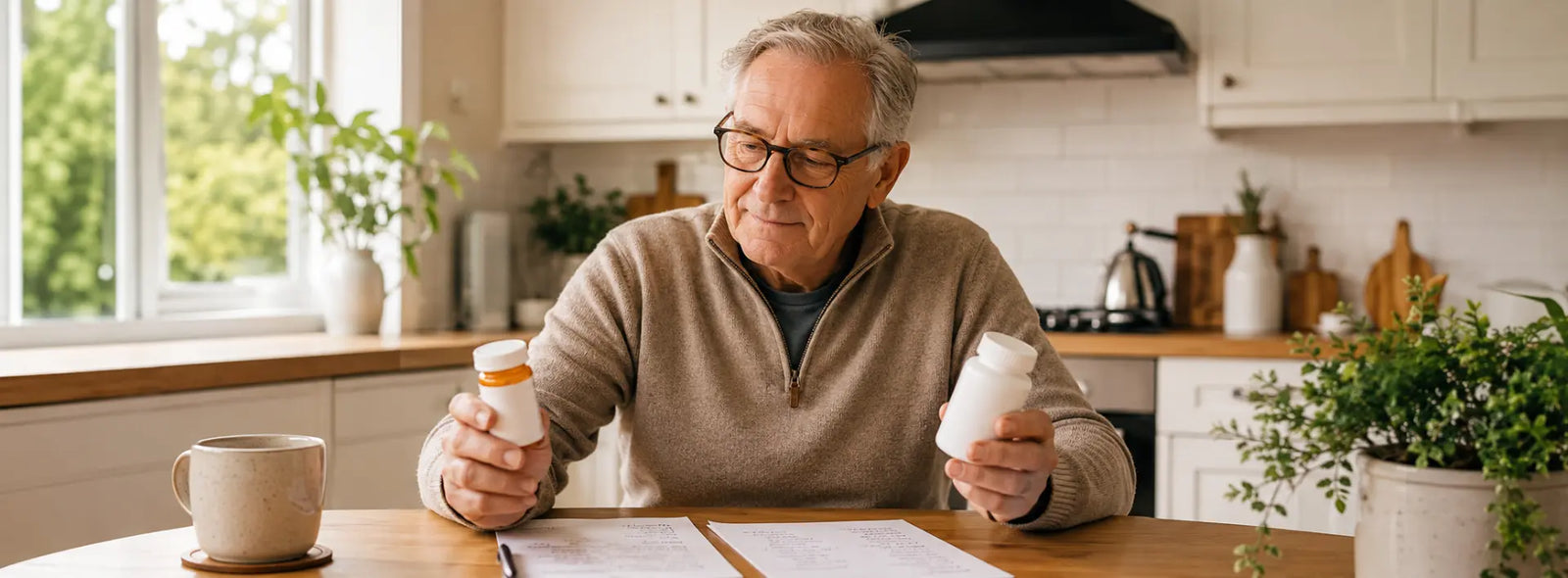 Older adult comparing a prescribed statin with a CoQ10 supplement before asking a pharmacist for advice