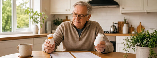 Older adult comparing a prescribed statin with a CoQ10 supplement before asking a pharmacist for advice