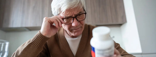 Man over 50 reading the back label of a prostate supplement bottle before comparing ingredients and warnings