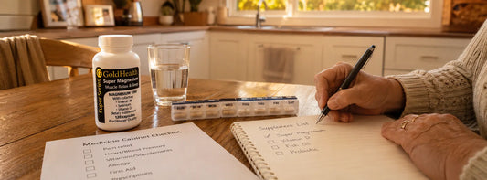 Senior checking magnesium supplement timing with a medicine list in a NZ kitchen