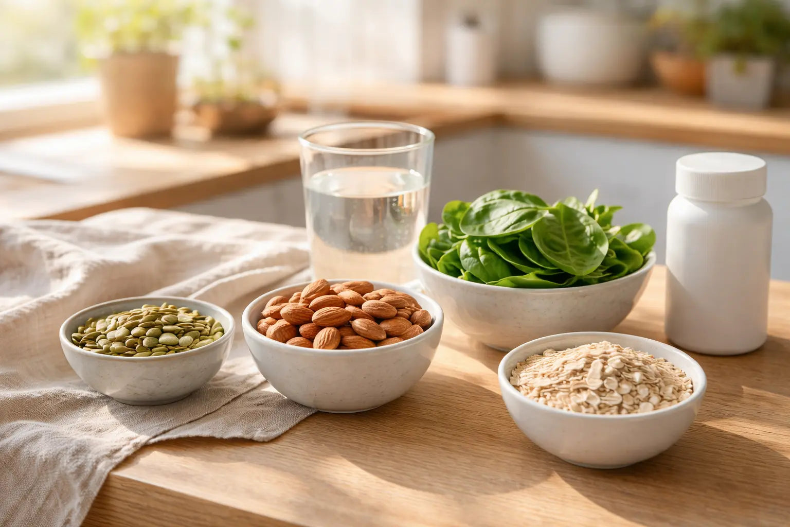Magnesium-rich foods like pumpkin seeds, almonds, spinach, and oats on a kitchen bench in soft morning light.