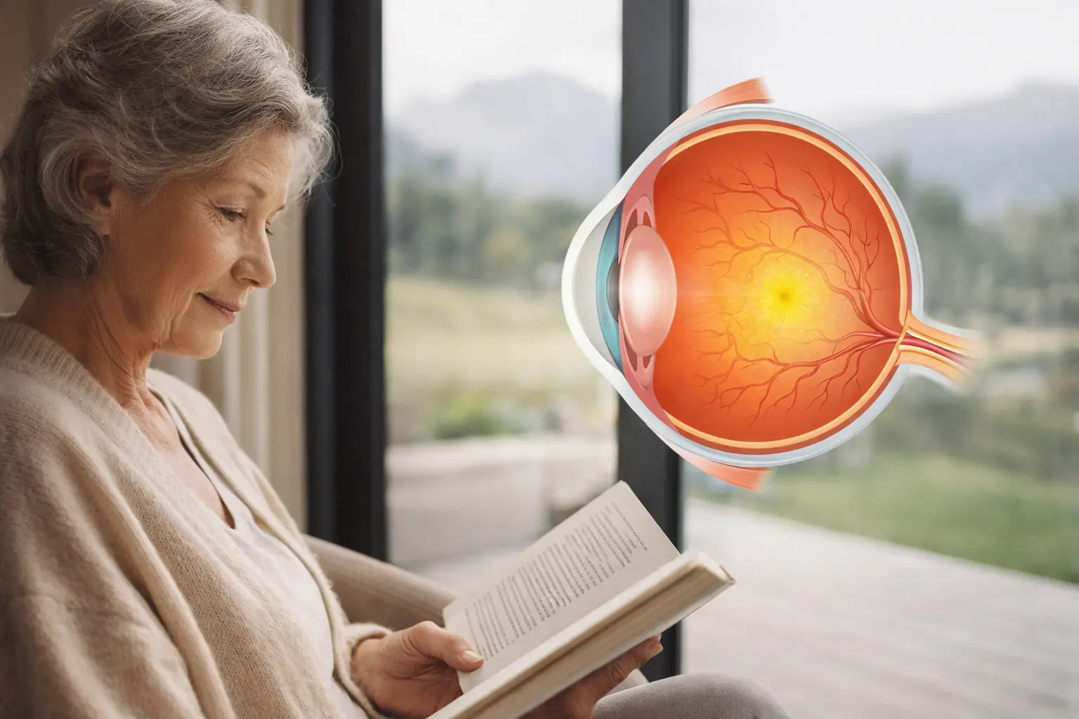 Illustration-style photo of a person reading with a subtle macula/retina overlay, representing macular degeneration and eye health.
