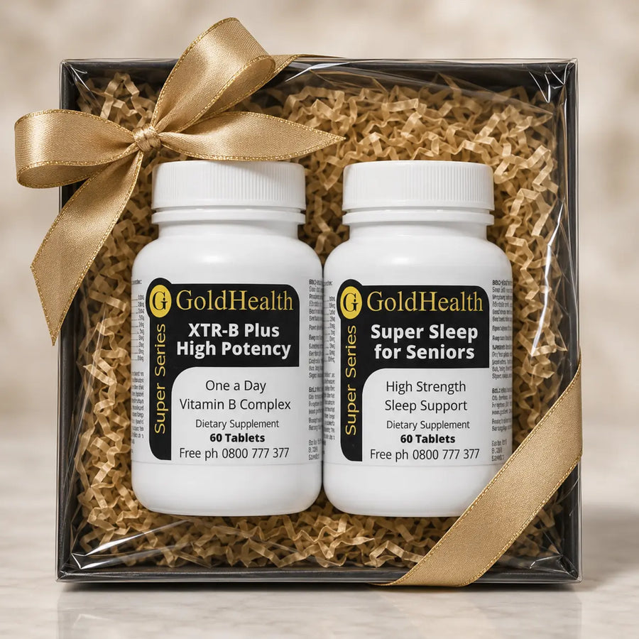 Gold Health AM PM pack with XTR B Plus and Super Sleep for day and night wellness support