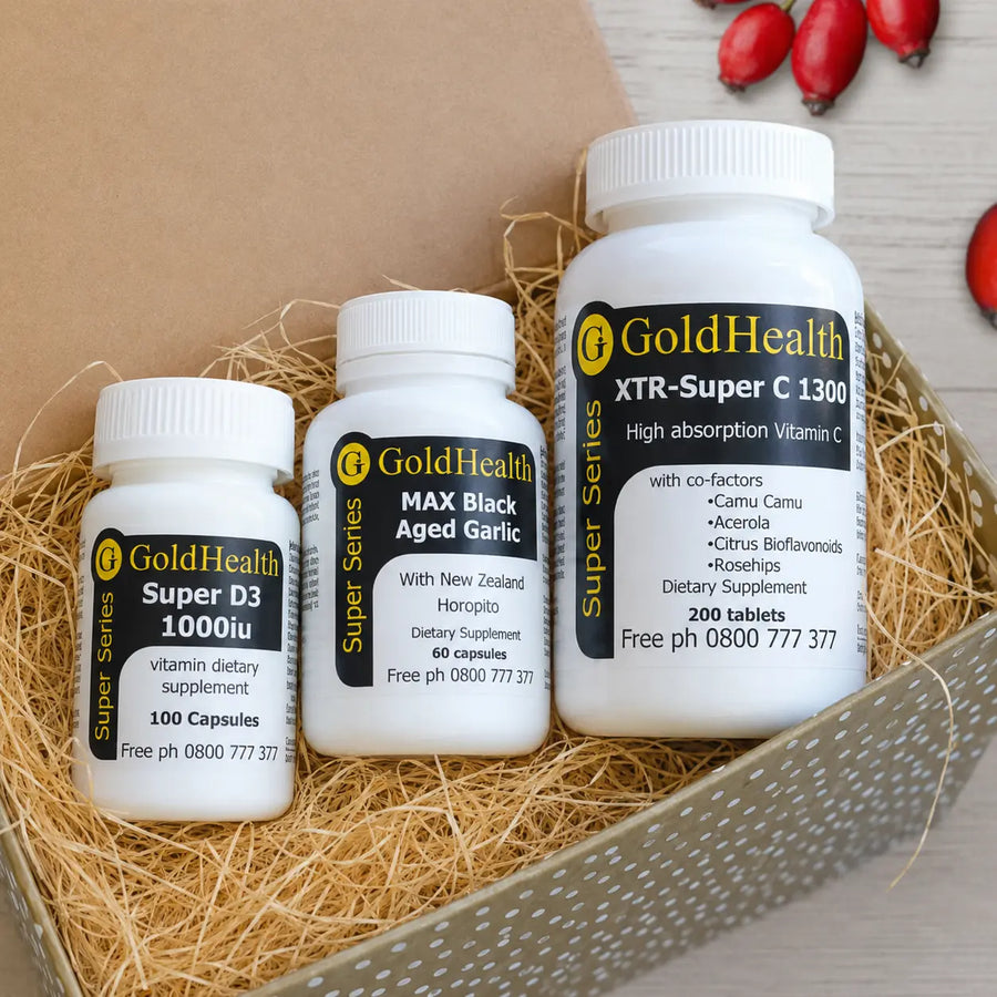 Gold Health immune pack with vitamin C aged black garlic and vitamin D3