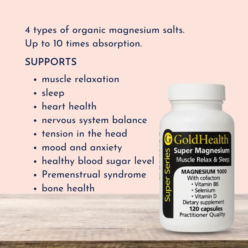 GoldHealth Super Magnesium supplement bottle with health benefits listed on a pink background